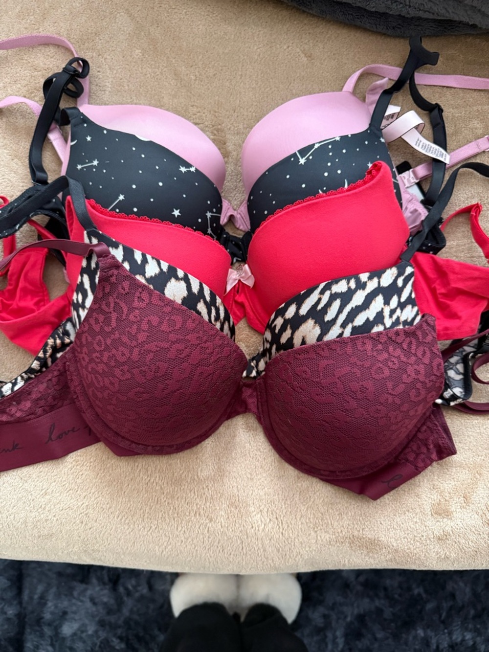 Women’s Lace & Patterned Push-Up Bra Set - Burgundy, Red, Pink, Black